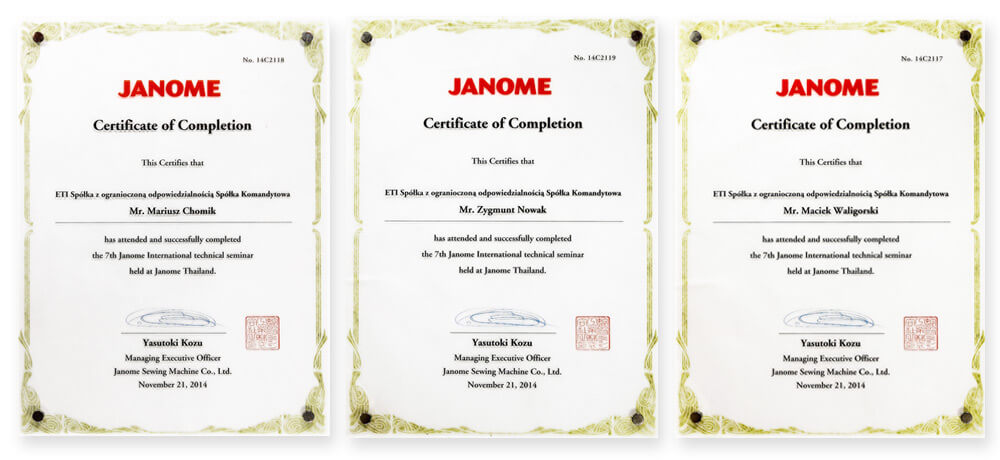 serwis maszyn do szycia - certyfikaty Janome