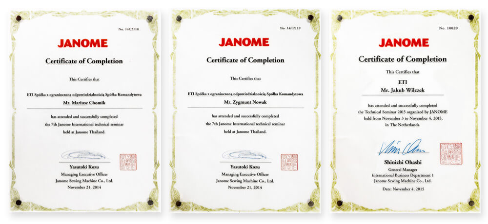 6 lat gwarancji na maszyny Janome - certyfikaty